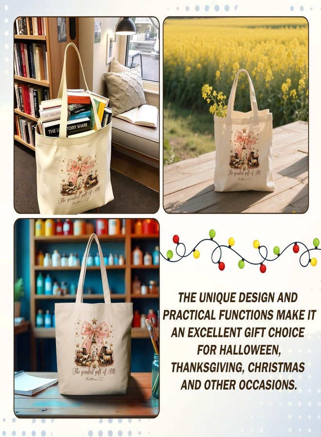Mueddur Christian Christmas Canvas Totes, Pink Bow Shoulder Bags, Religious Christmas Farmers Market Bag, Bible Verse Reusable Grocery Bags, Holiday Gifts Bag For Women, 10 - Image 3